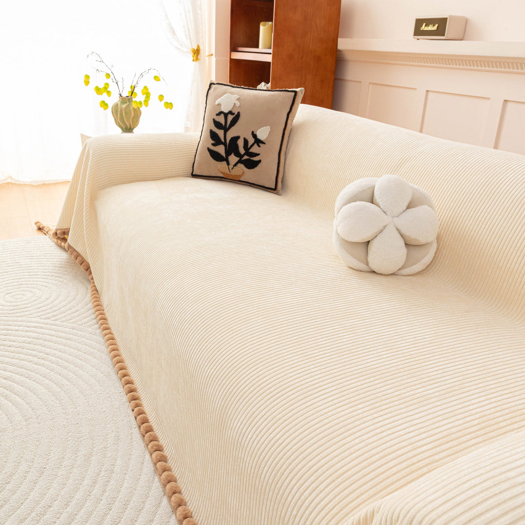 Textured Striped Cozy Couch Cover Throw Blanket with Pom Pom Trim for Sectional Sofa