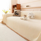 Textured Striped Cozy Couch Cover Throw Blanket with Pom Pom Trim for Sectional Sofa