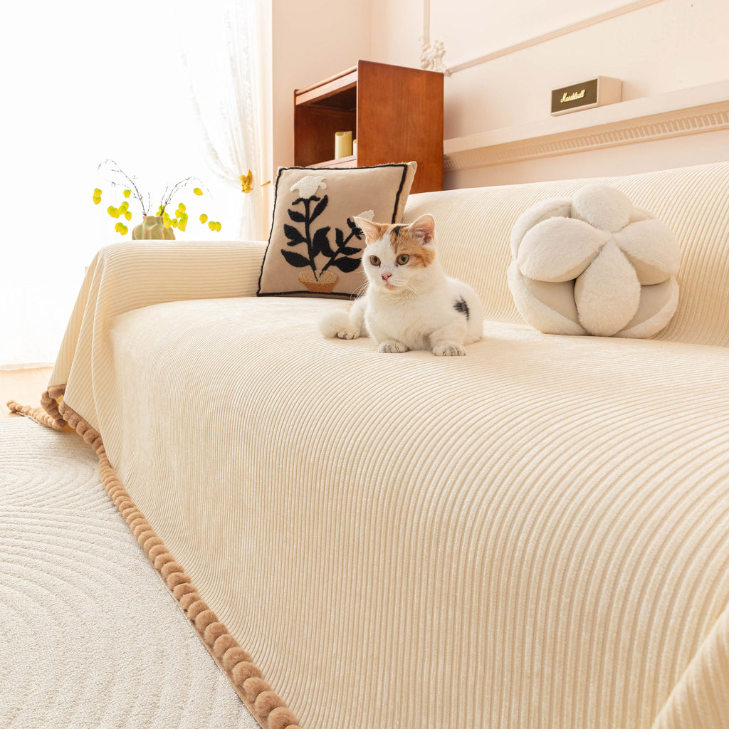 Textured Striped Cozy Couch Cover Throw Blanket with Pom Pom Trim for Sectional Sofa