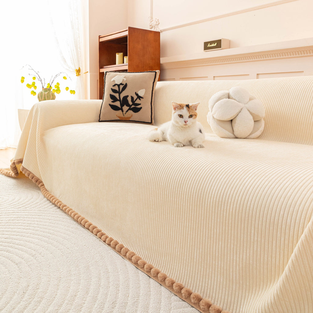 Textured Striped Cozy Couch Cover Throw Blanket with Pom Pom Trim for Sectional Sofa