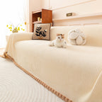 Textured Striped Cozy Couch Cover Throw Blanket with Pom Pom Trim for Sectional Sofa