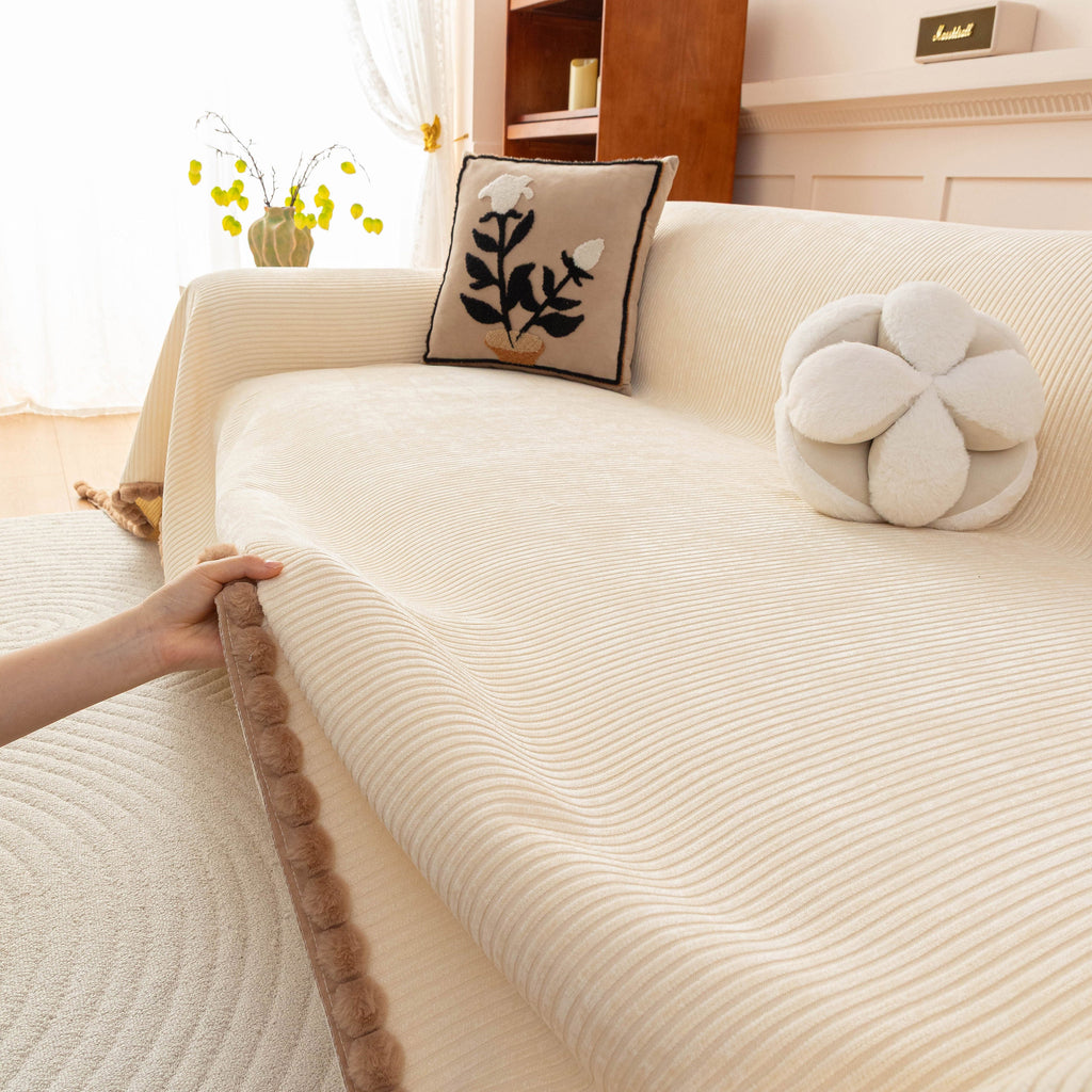 Textured Striped Cozy Couch Cover Throw Blanket with Pom Pom Trim for Sectional Sofa
