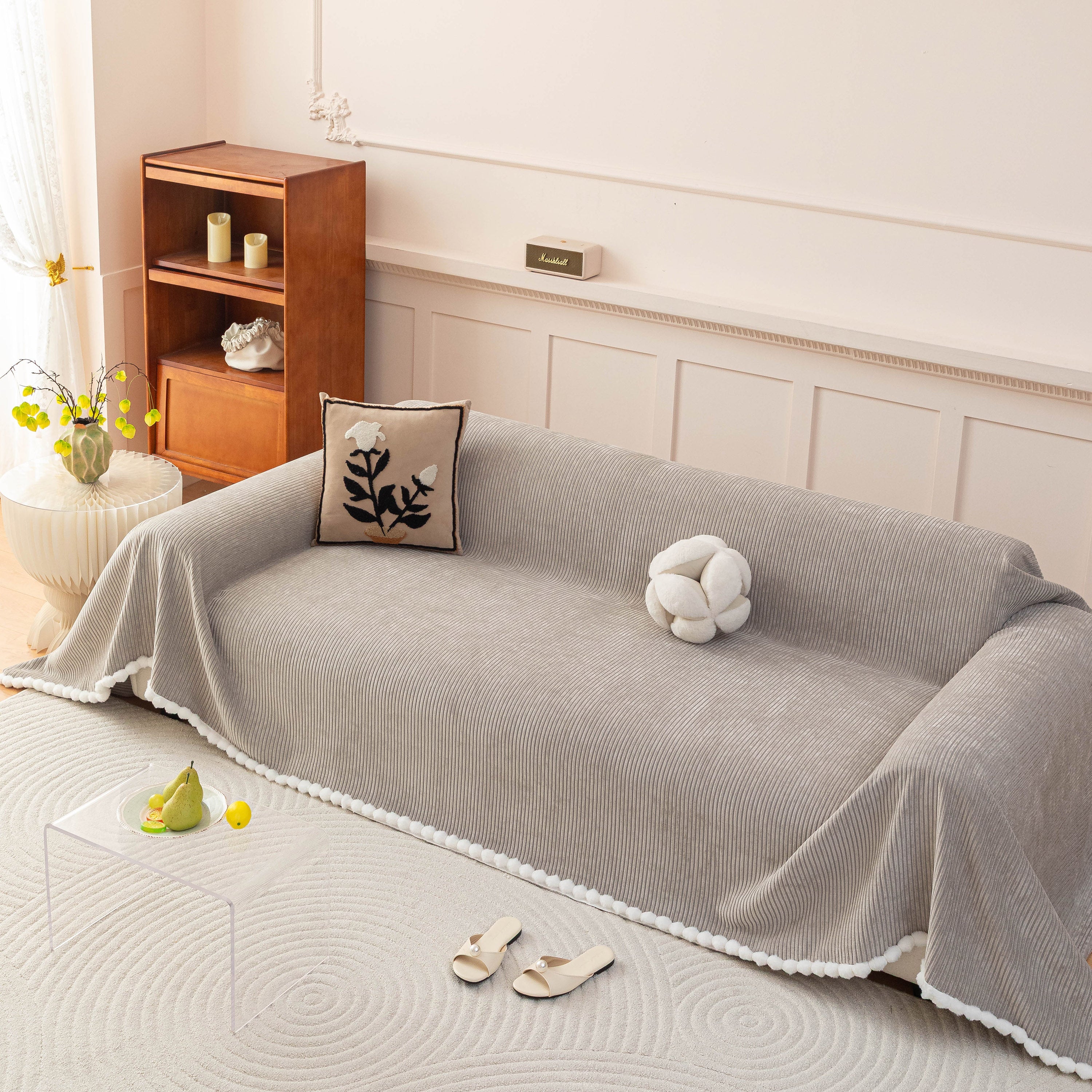 Textured Striped Cozy Couch Cover Throw Blanket with Pom Pom Trim for Sectional Sofa
