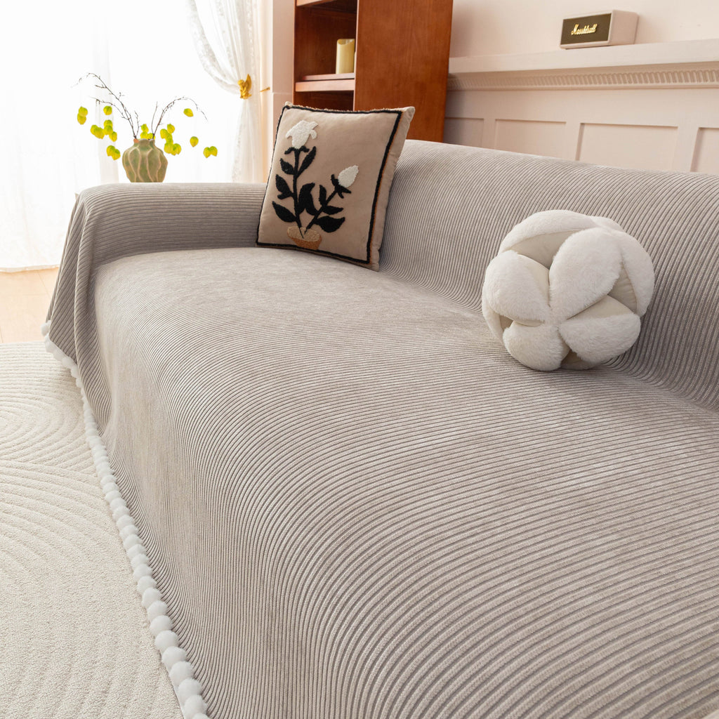 Textured Striped Cozy Couch Cover Throw Blanket with Pom Pom Trim for Sectional Sofa