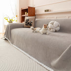 Textured Striped Cozy Couch Cover Throw Blanket with Pom Pom Trim for Sectional Sofa