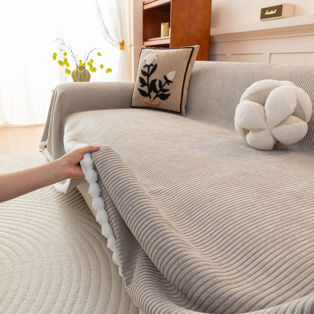 Textured Striped Cozy Couch Cover Throw Blanket with Pom Pom Trim for Sectional Sofa