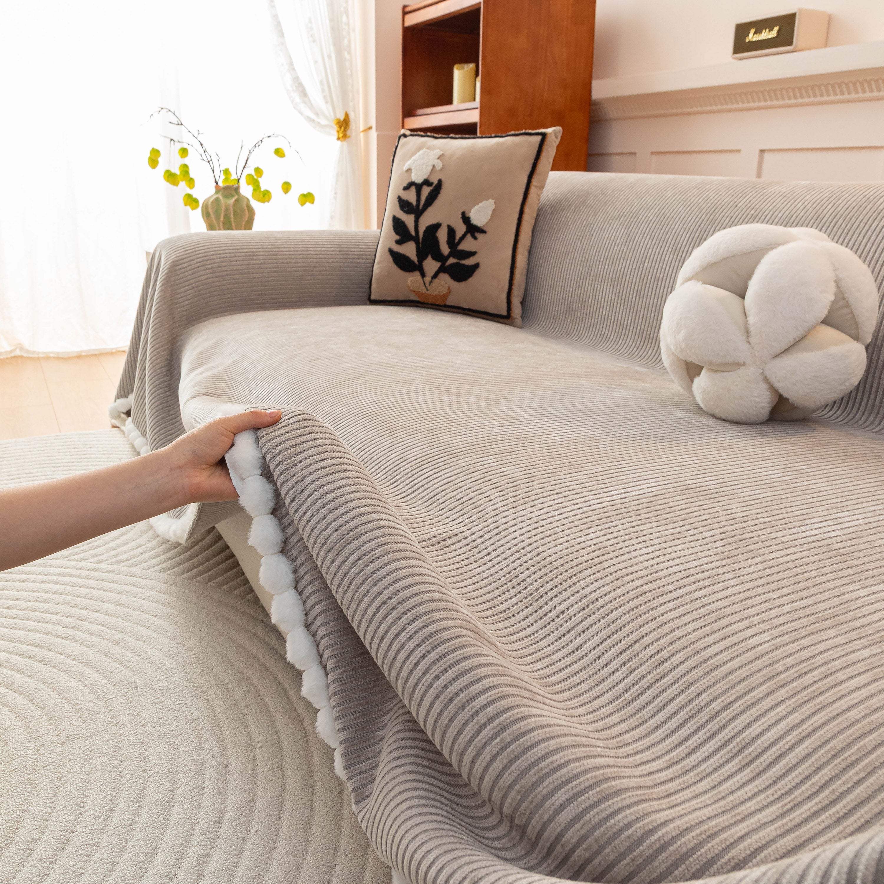 Textured Striped Cozy Couch Cover Throw Blanket with Pom Pom Trim for Sectional Sofa