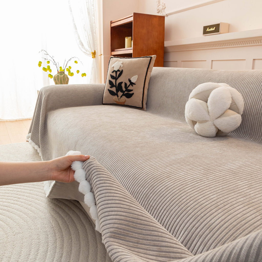 Textured Striped Cozy Couch Cover Throw Blanket with Pom Pom Trim for Sectional Sofa