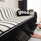 Leaf Stripe Sofa Cover with Black Sheer Skirt, Boho Soft Couch Slipcover for Pets