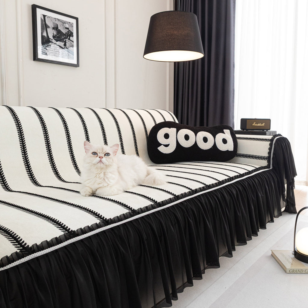 Leaf Stripe Sofa Cover with Black Sheer Skirt, Boho Soft Couch Slipcover for Pets