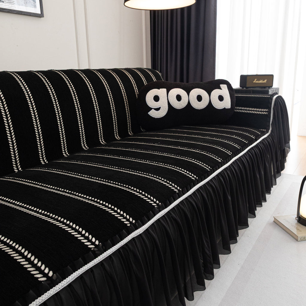 Leaf Stripe Sofa Cover with Black Sheer Skirt, Boho Soft Couch Slipcover for Pets