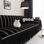 Leaf Stripe Sofa Cover with Black Sheer Skirt, Boho Soft Couch Slipcover for Pets