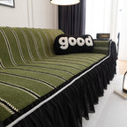 Leaf Stripe Sofa Cover with Black Sheer Skirt, Boho Soft Couch Slipcover for Pets