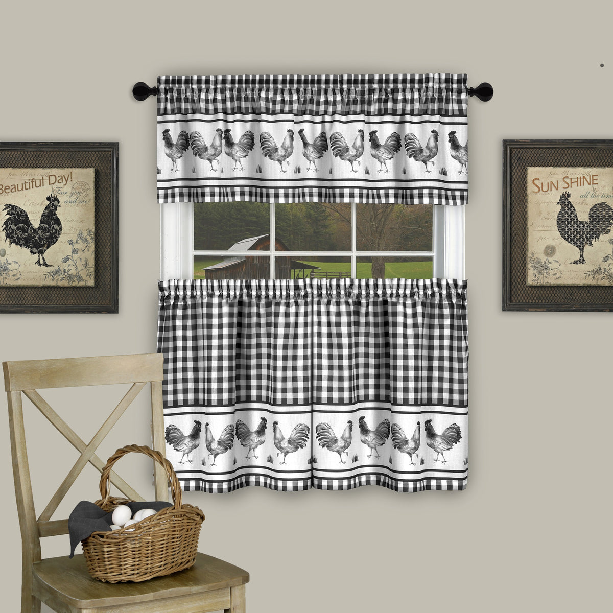 Barnyard Tier And Valance Set  Rooster And Gingham Plaid  Easy Installation  Machine Washable  58X36  Black