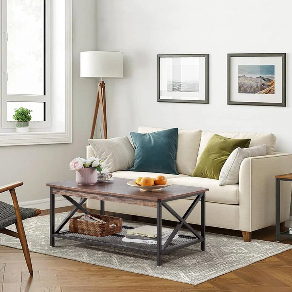 Modern Classic Metal Wood Coffee Table with Bottom Storage Shelf