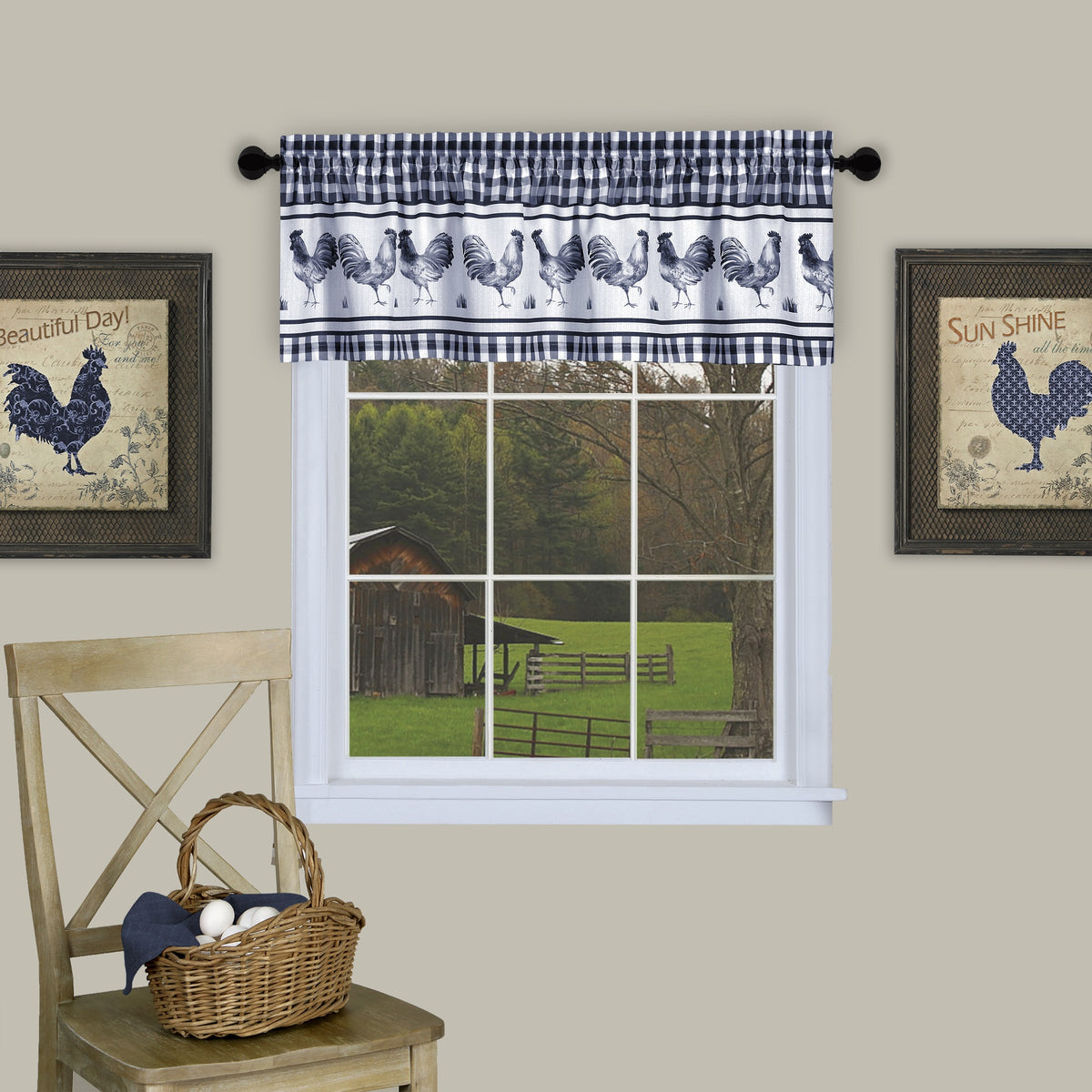 Barnyard Rooster Gingham Valance  58X14  Easy Install & Care  Brighten Up Your Kitchen Window  Machine Washable