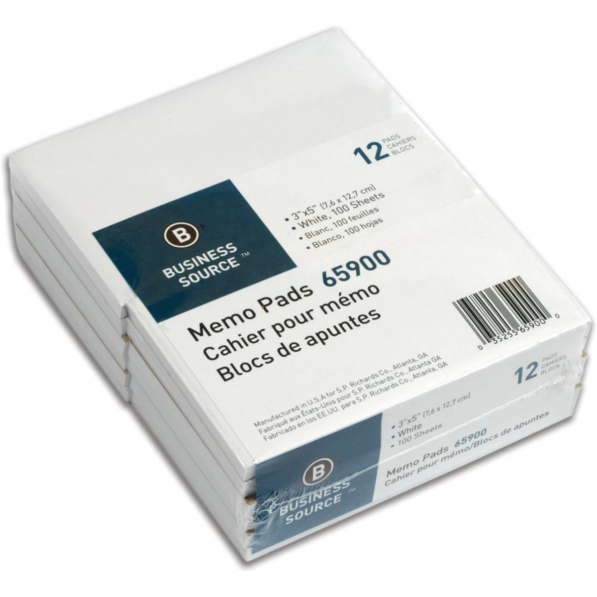 Business Source Plain Memo Pads - 100 Sheets - Plain - Glued - Unruled - 15 Lb Basis Weight - 3 X 5 - White Paper - Chipboard Ba
