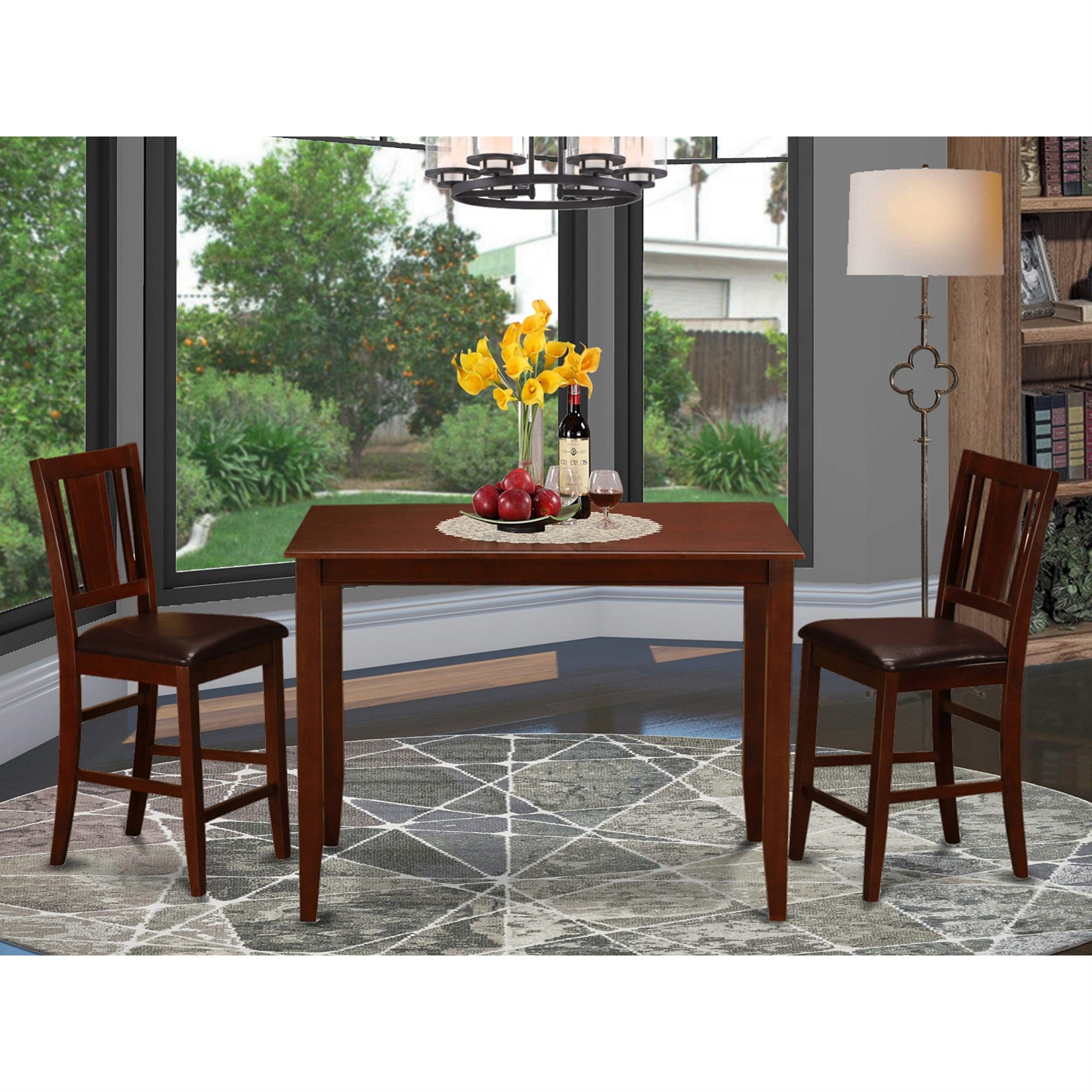 East West Furniture BUCK3-MAH-LC 3 Piece Counter Height Dining Set for Small Spaces Contains a Rectangle Kitchen Table and 2 Faux Leather Dining Room Chairs, 30x48 Inch, Mahogany
