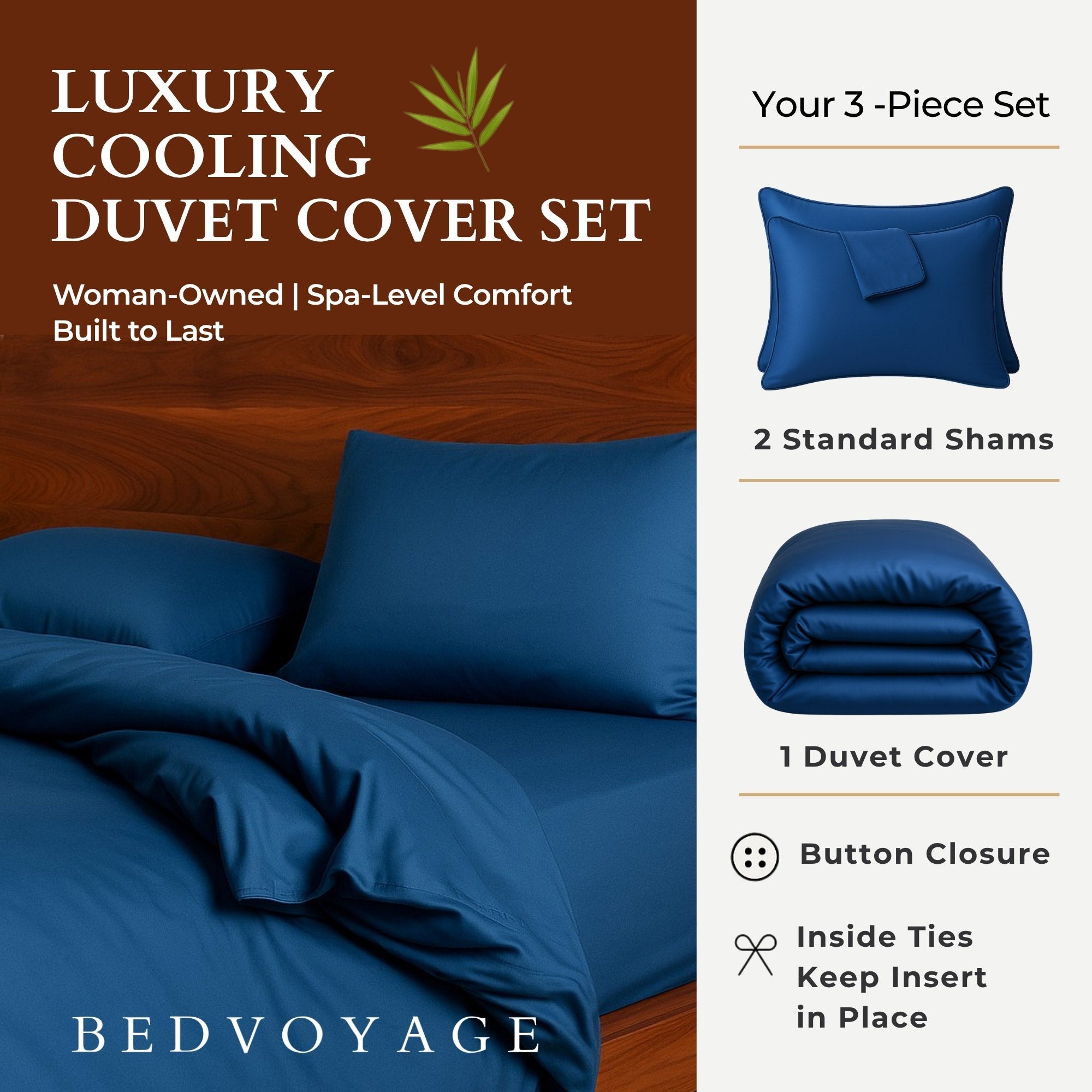 Bamboo Duvet Cover Set - 100% Viscose from Bamboo - 3pc - Indigo