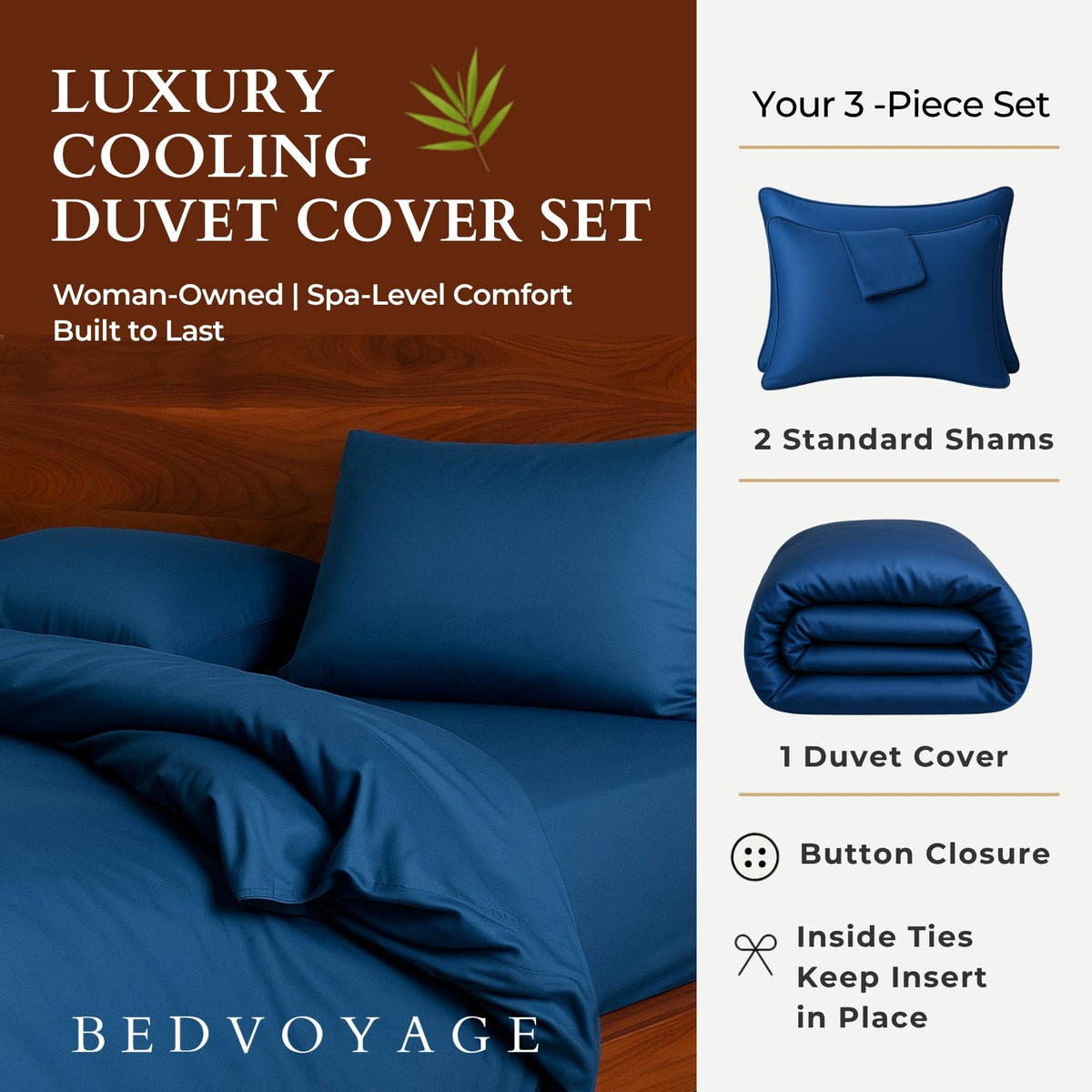 Cooling Bamboo Duvet Cover Set - 100% Viscose from Bamboo - 3pc - Indigo