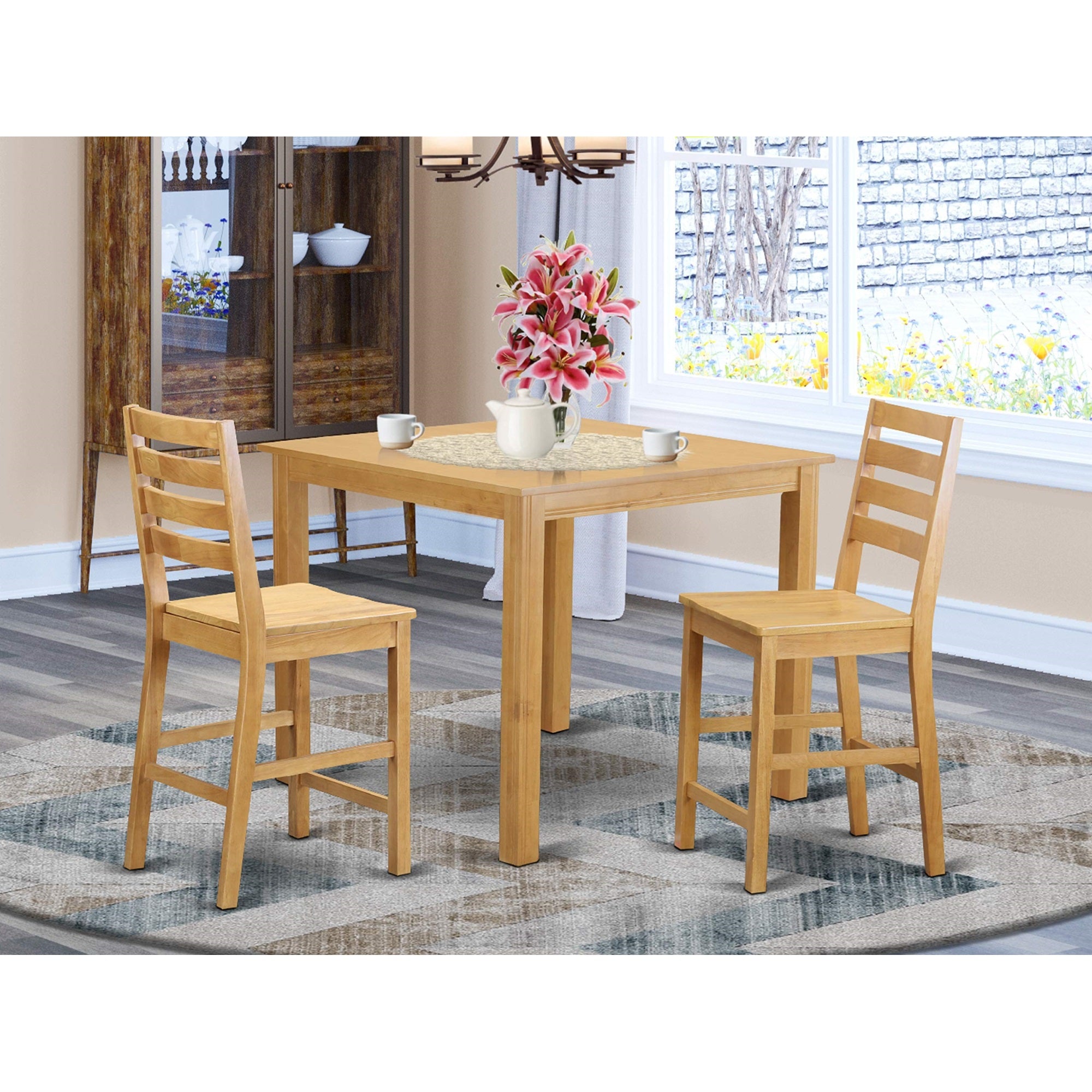 East West Furniture CAFE3-OAK-W 3 Piece Kitchen Counter Set for Small Spaces Contains a Square Dining Room Table and 2 Dining Chairs, 42x42 Inch, Oak