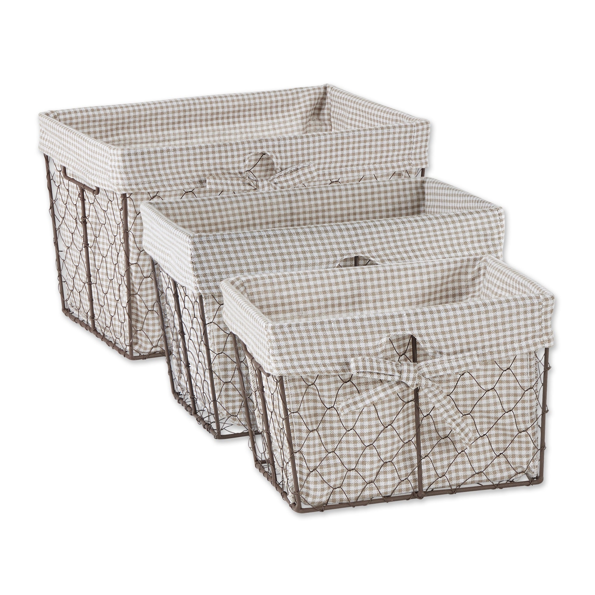 ASST RUSTIC BRONZE CHICKEN WIRE STONE & WHITE GINGHAM CHECK LINER BASKET SET/3