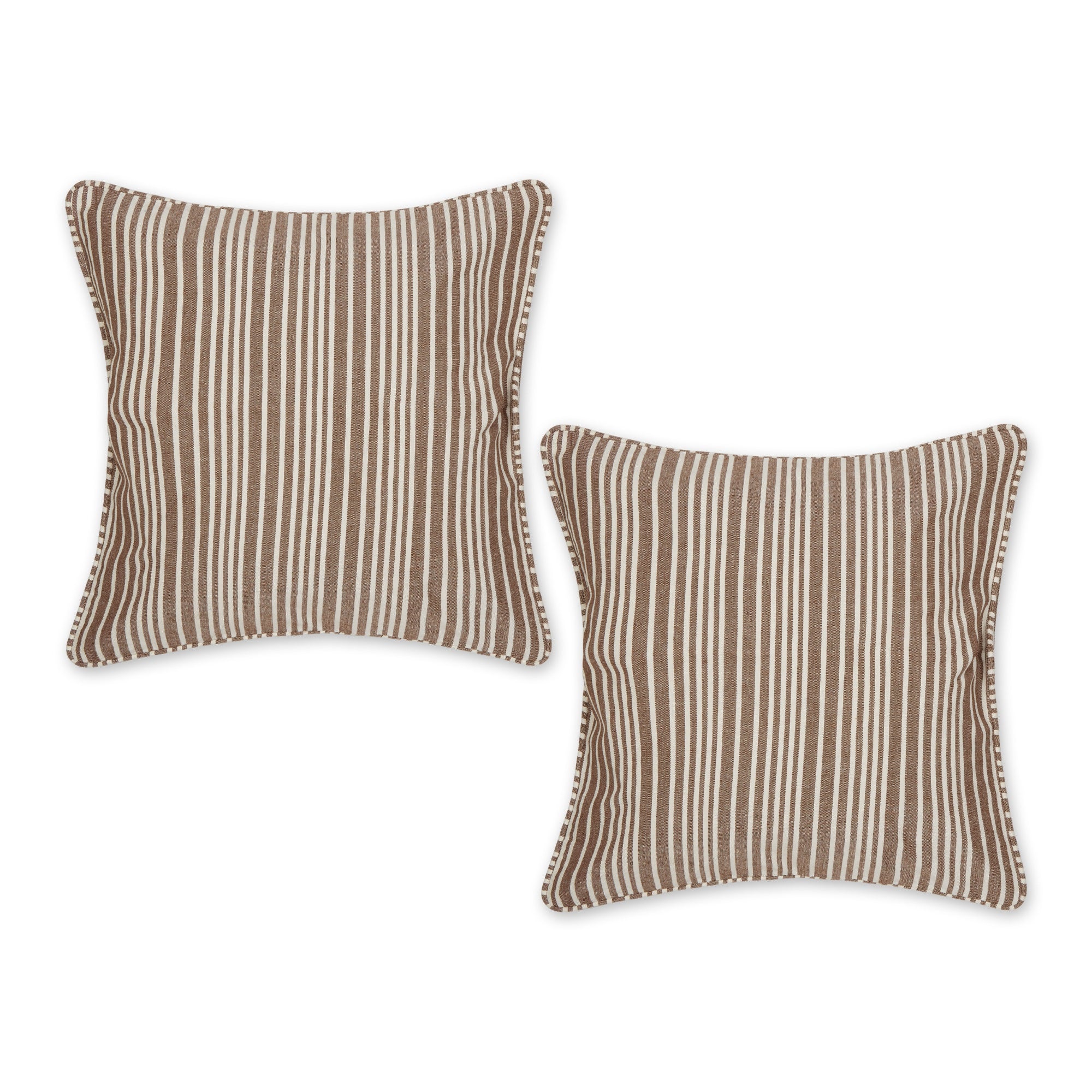Leather Brown Chambray Stripe Recycled Cotton Pillow Cover 18X18 Set/2