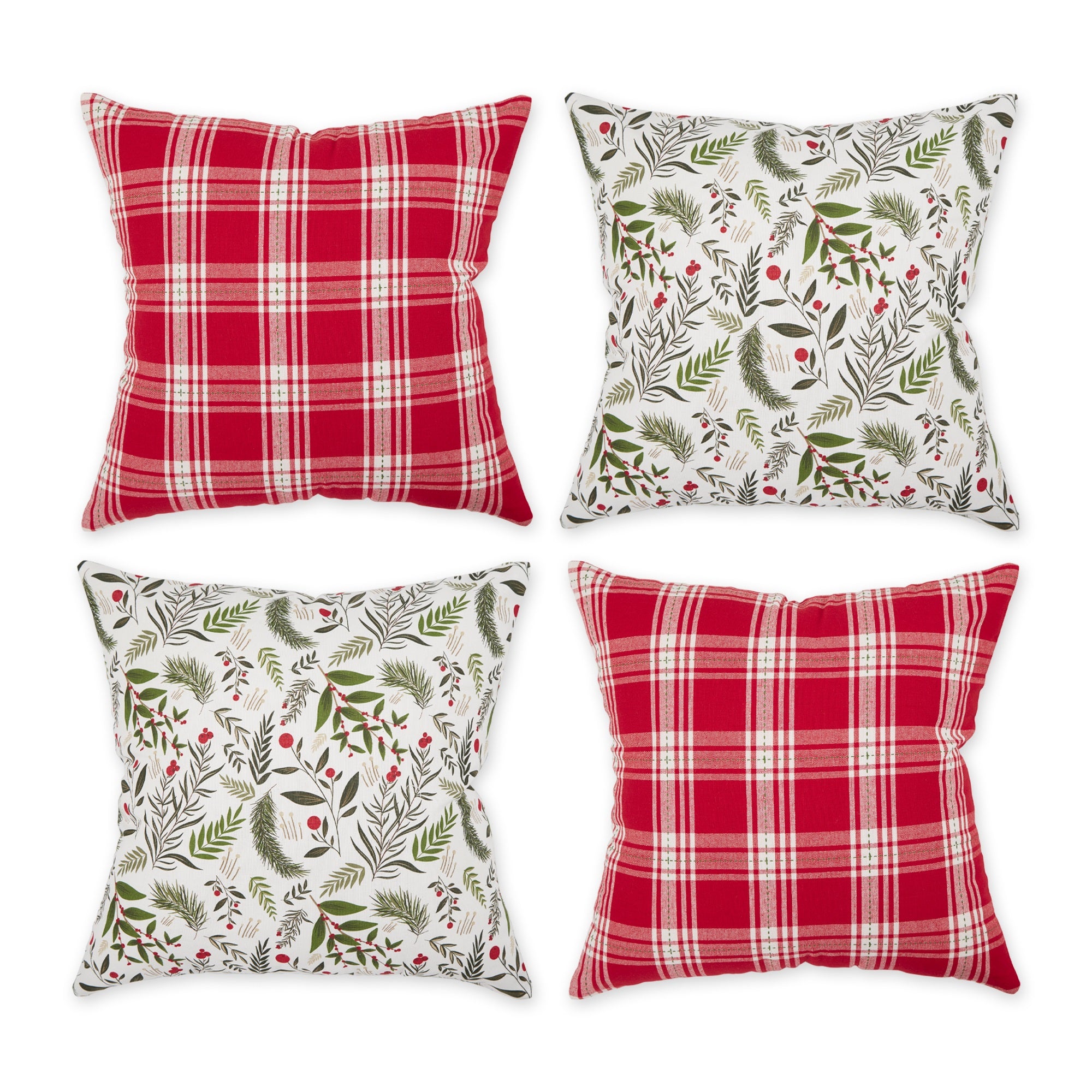 Asst Holiday Sprig Print And Plaid Pillow Cover 18X18 Set/4