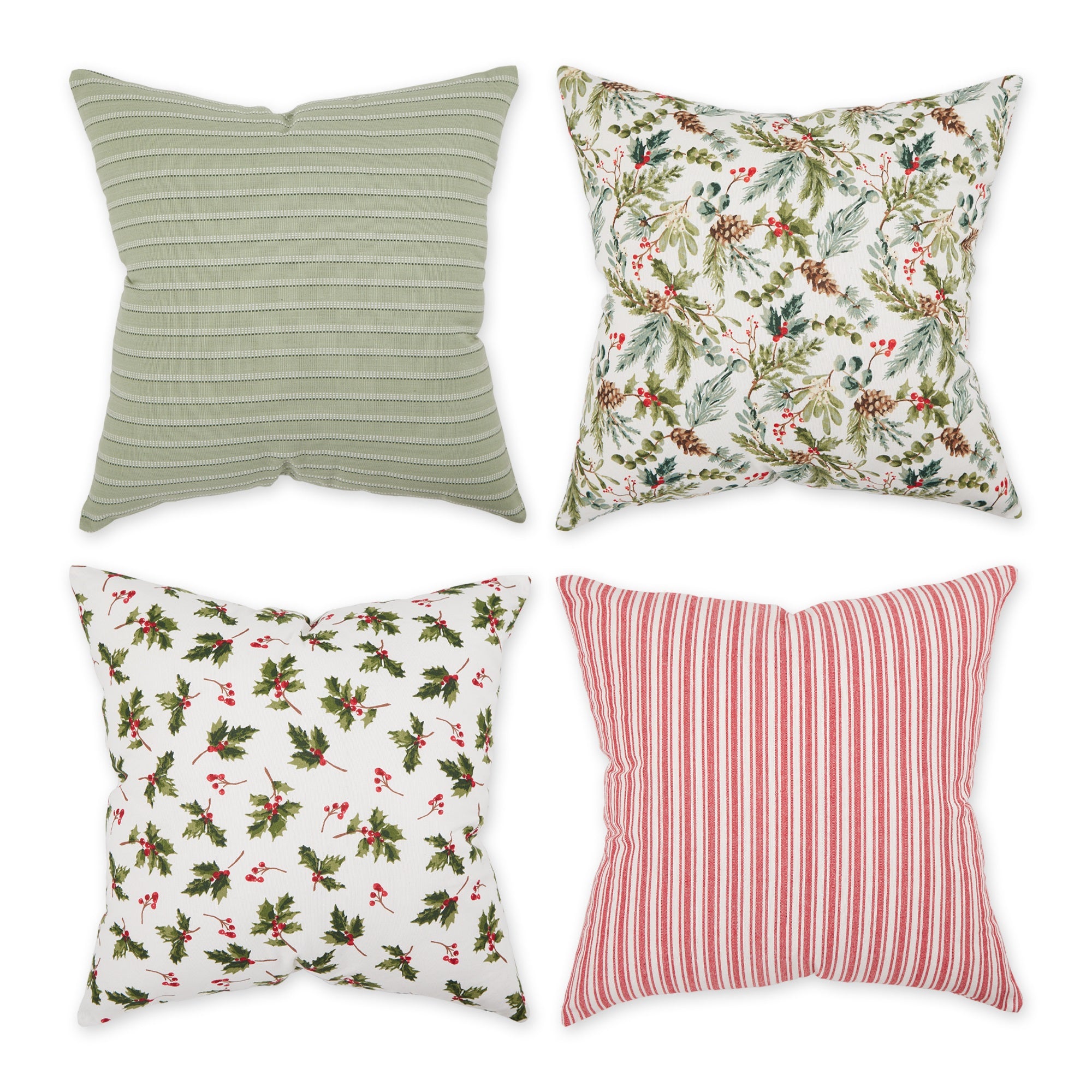 Asst Holiday Holly Print And Stripe Pillow Cover 18X18 Set/4