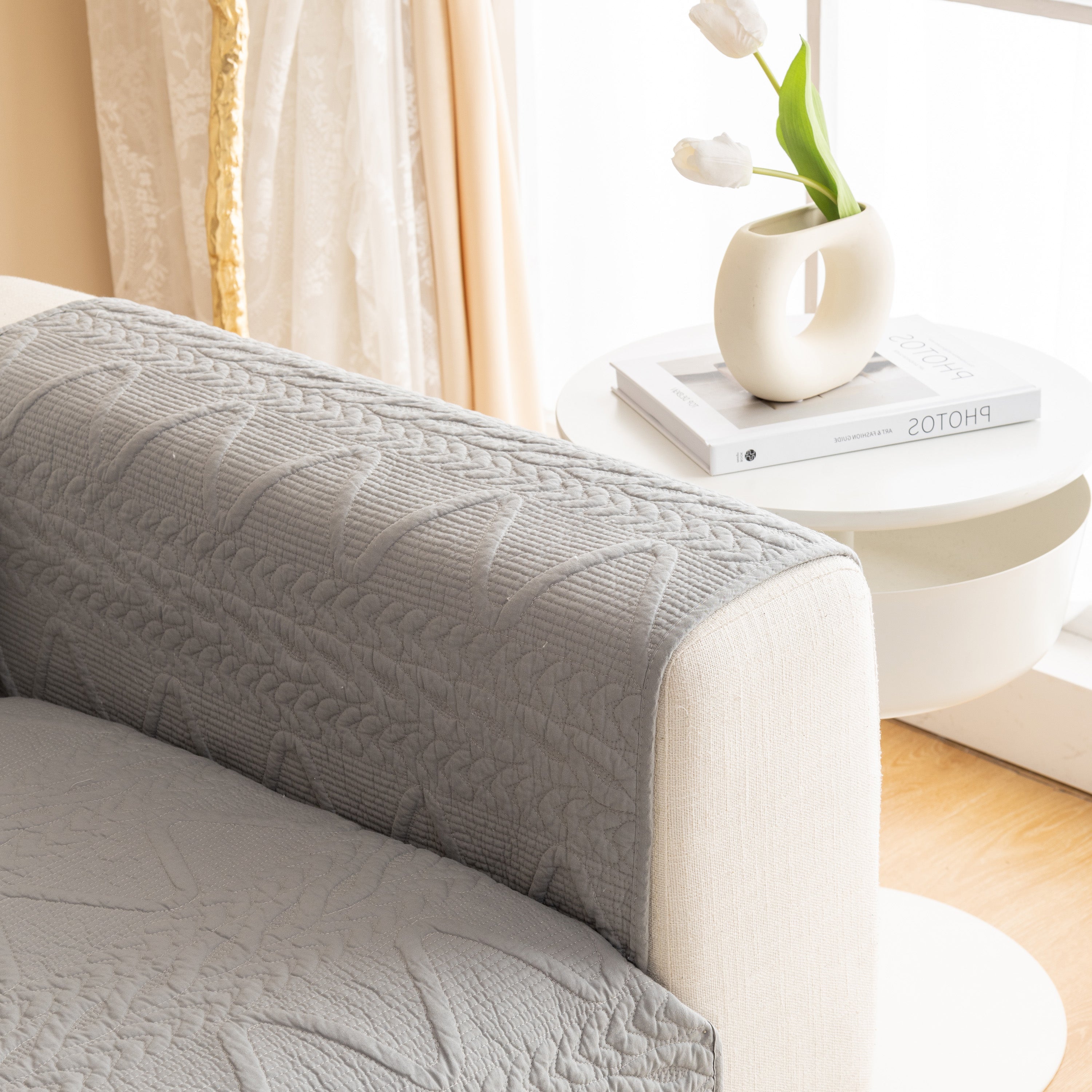 Geometric Textured Cotton Quilted Sofa Cover, Non-Slip Washable Couch Protector