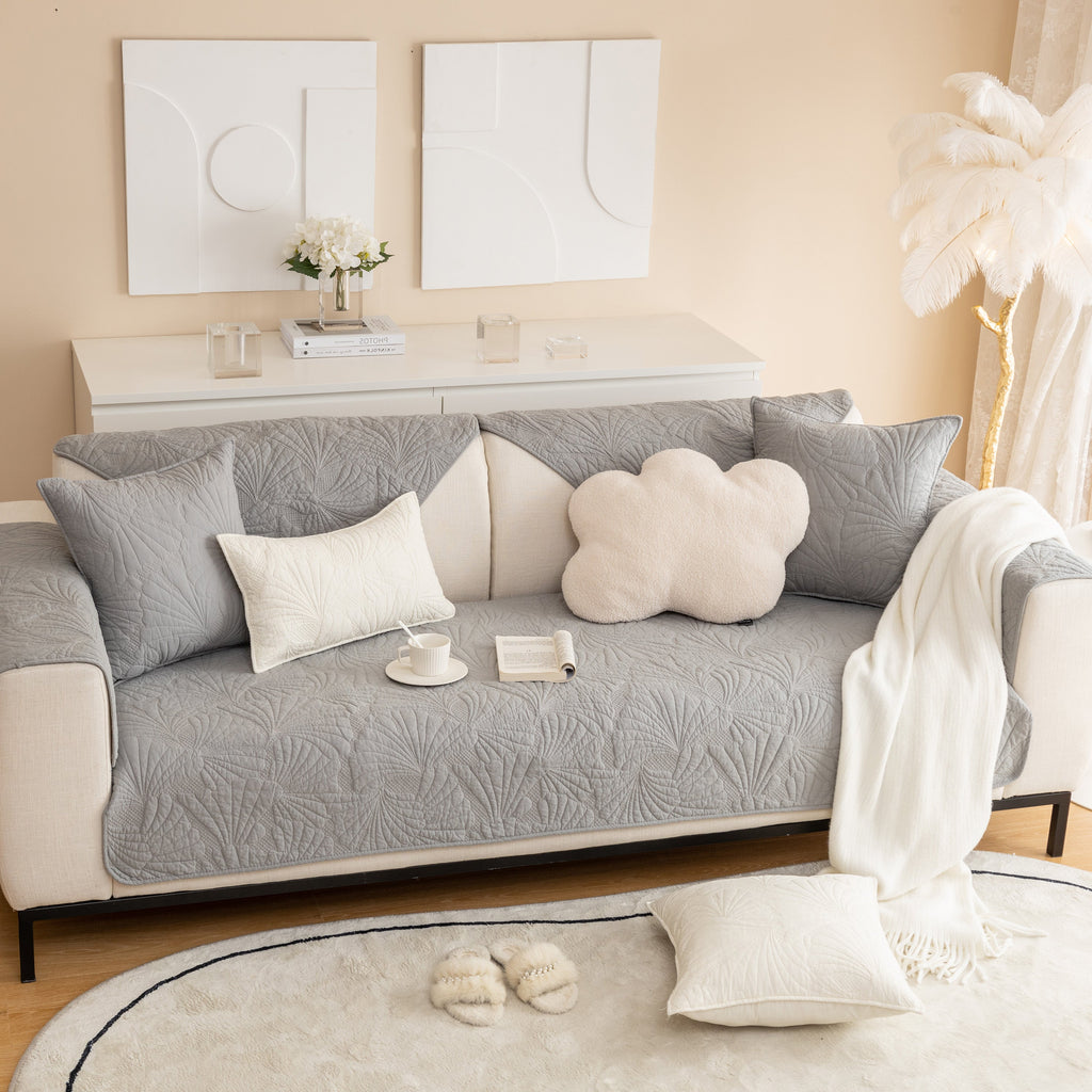 Embossed Leaf Cotton Quilted Sofa Cover Non-Slip Couch Protector with Thick Padding