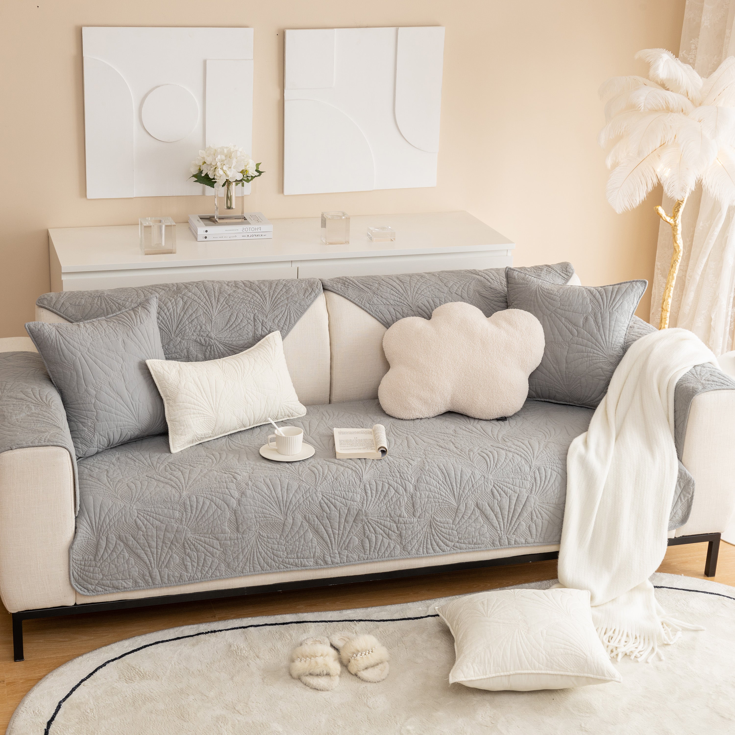 Embossed Leaf Cotton Quilted Sofa Cover Non-Slip Couch Protector with Thick Padding