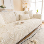 Embossed Leaf Cotton Quilted Sofa Cover Non-Slip Couch Protector with Thick Padding