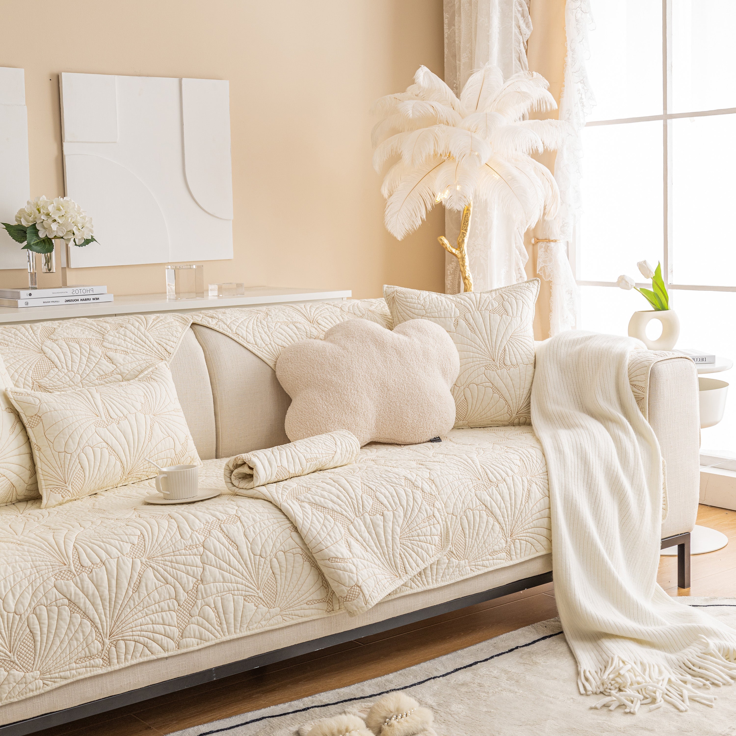 Embossed Leaf Cotton Quilted Sofa Cover Non-Slip Couch Protector with Thick Padding