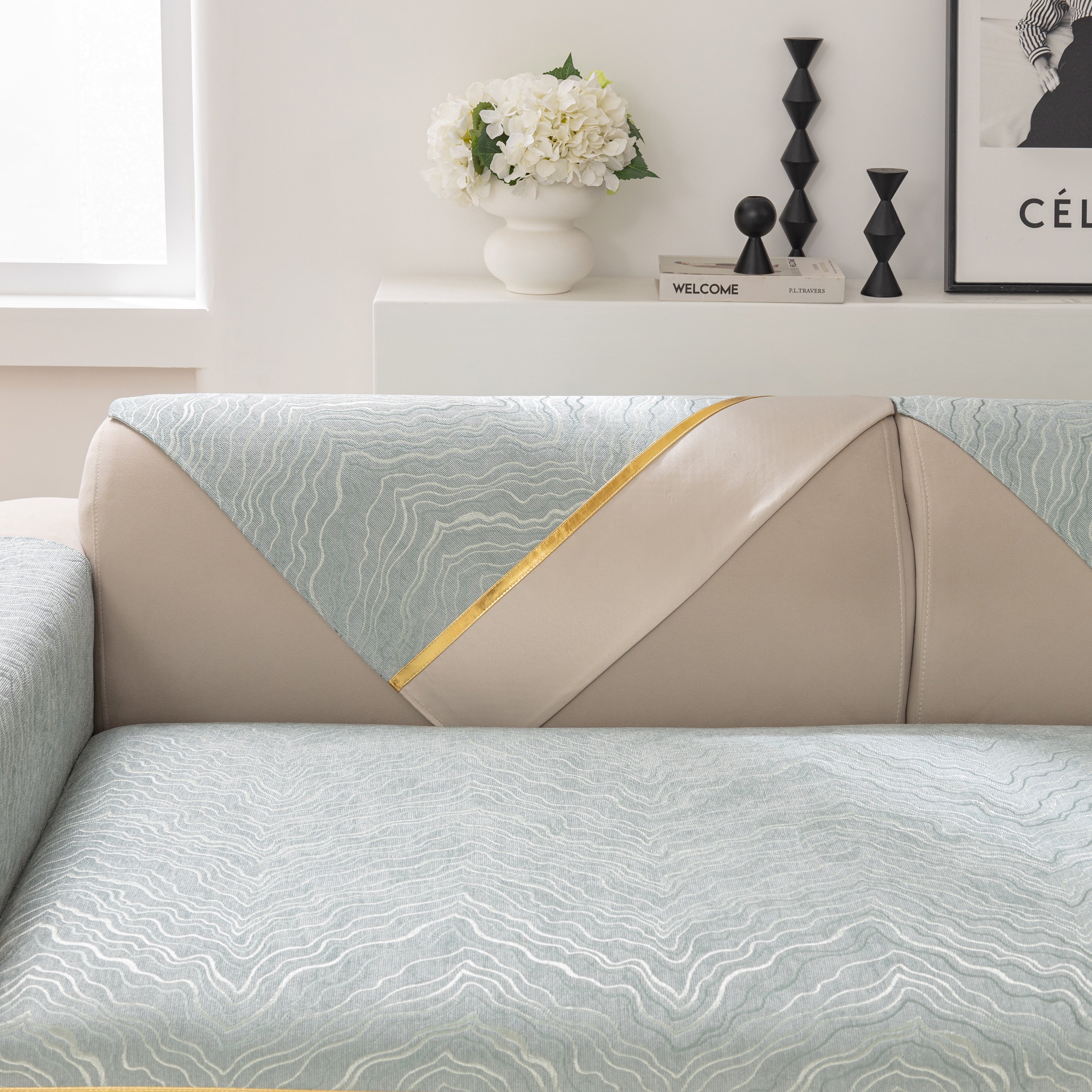 Modular Sofa Cover for Sectionals, Gold Striped Non-Slip Couch Protector