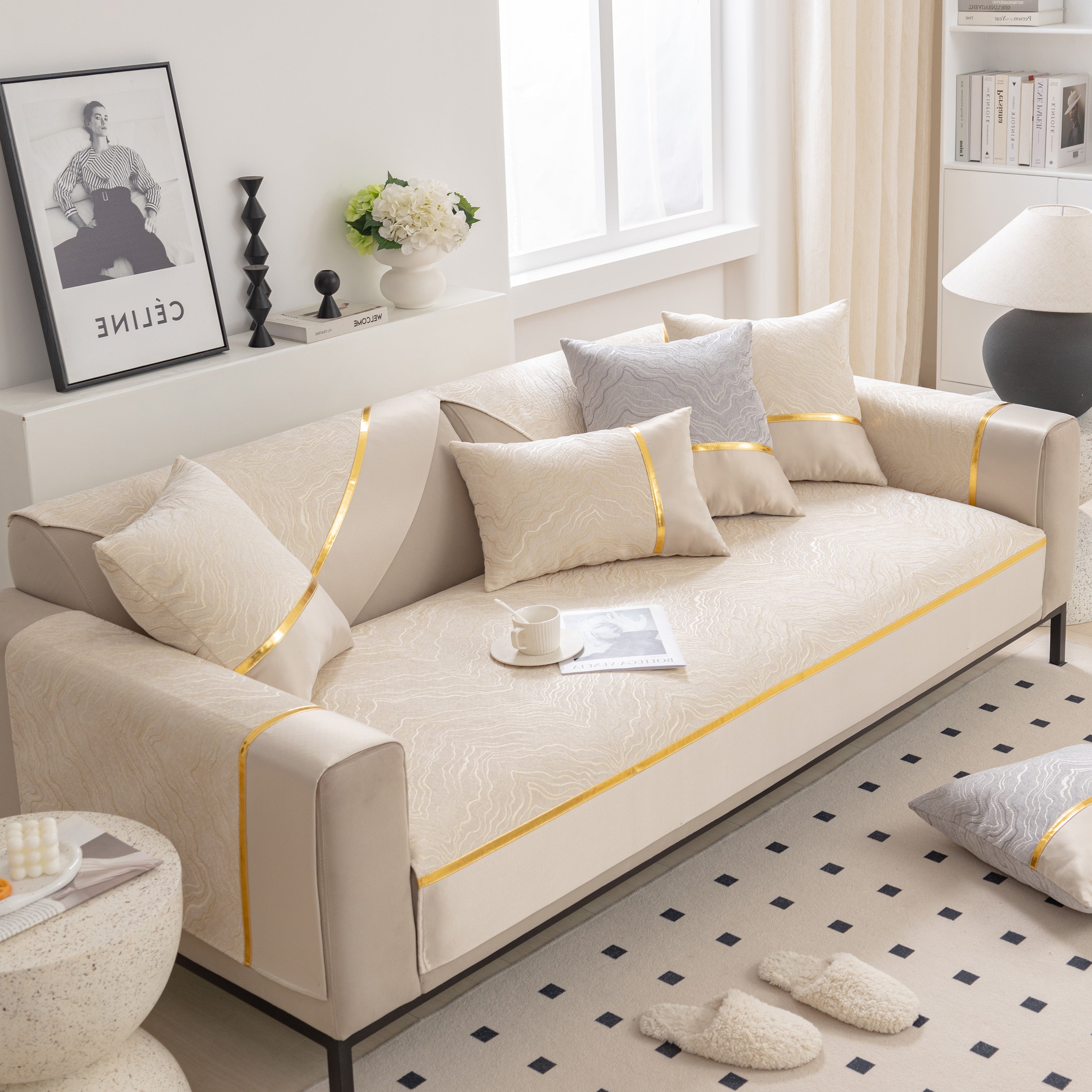 Modular Sofa Cover for Sectionals, Gold Striped Non-Slip Couch Protector