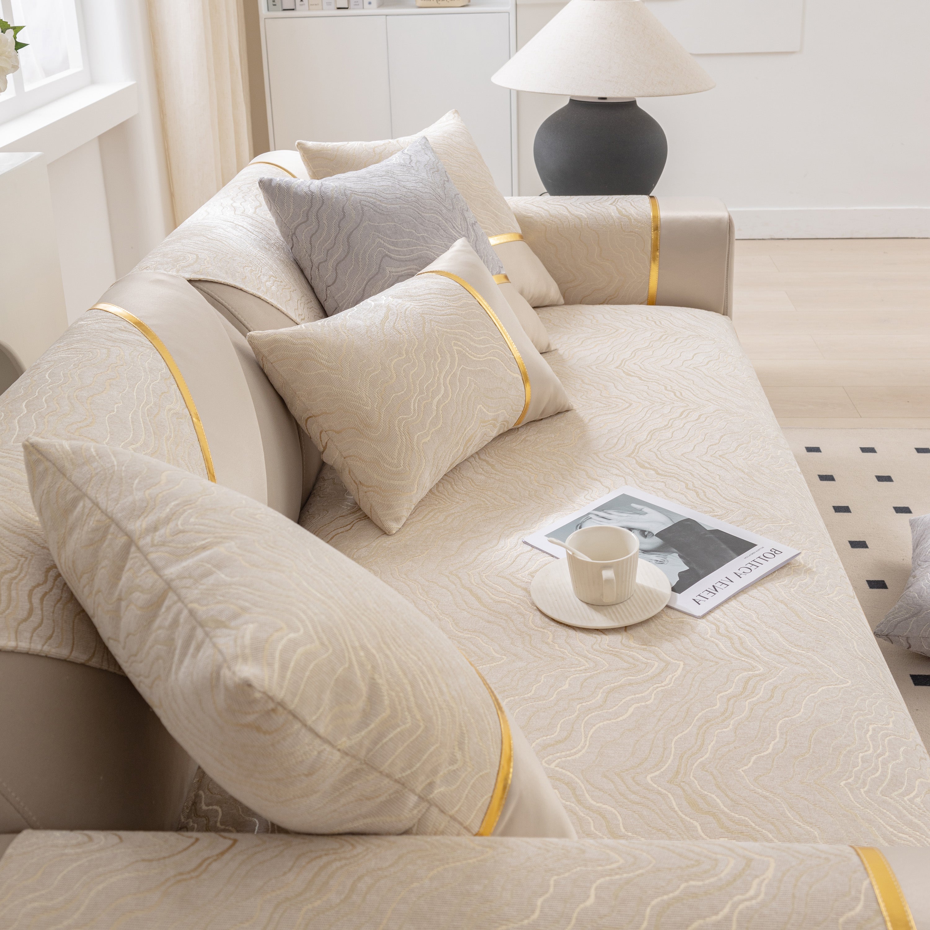 Modular Sofa Cover for Sectionals, Gold Striped Non-Slip Couch Protector