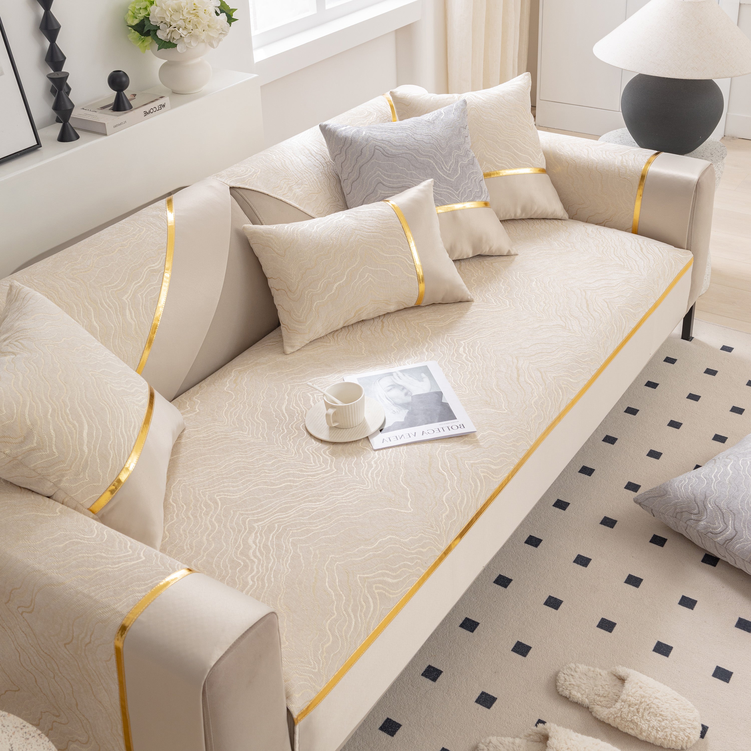 Modular Sofa Cover for Sectionals, Gold Striped Non-Slip Couch Protector