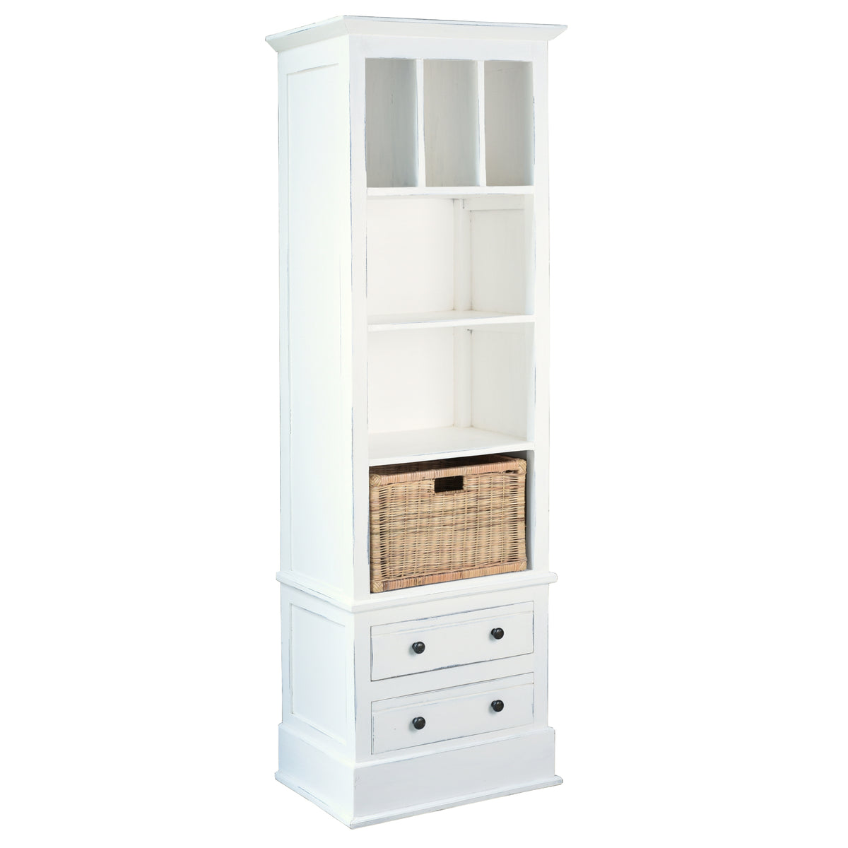 Sunset Trading Cottage 79 Tall Storage Cabinet | Fully Assembled Freestanding 14 Narrow Bookshelf | 6 Shelves 2 Drawers Rattan B
