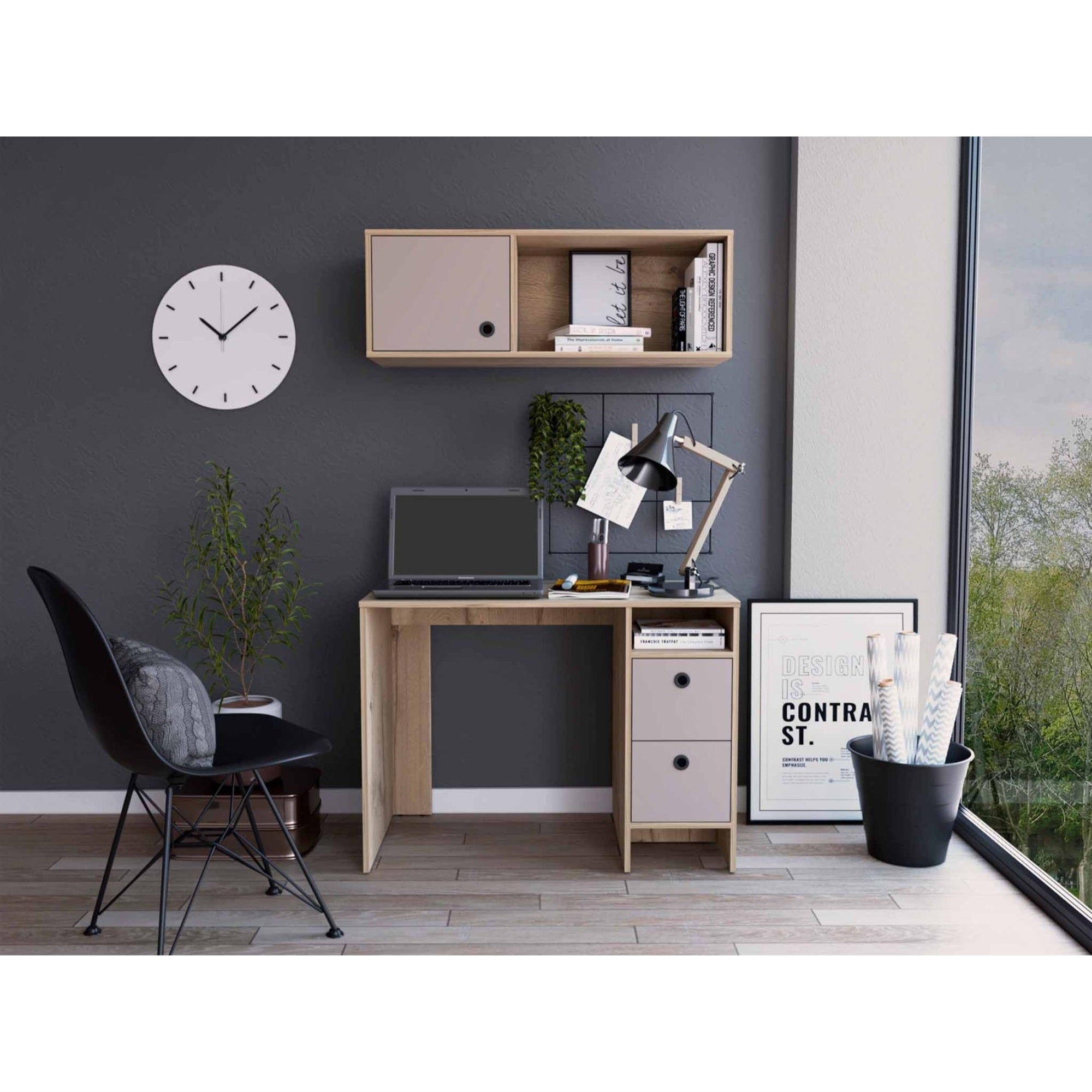 TUHOME Khali Office Set, Two Shelves, Countertop Table, Two Drawers, Wall Cabinet, One Door Cabinets- Light Oak+Taupe , For Offi