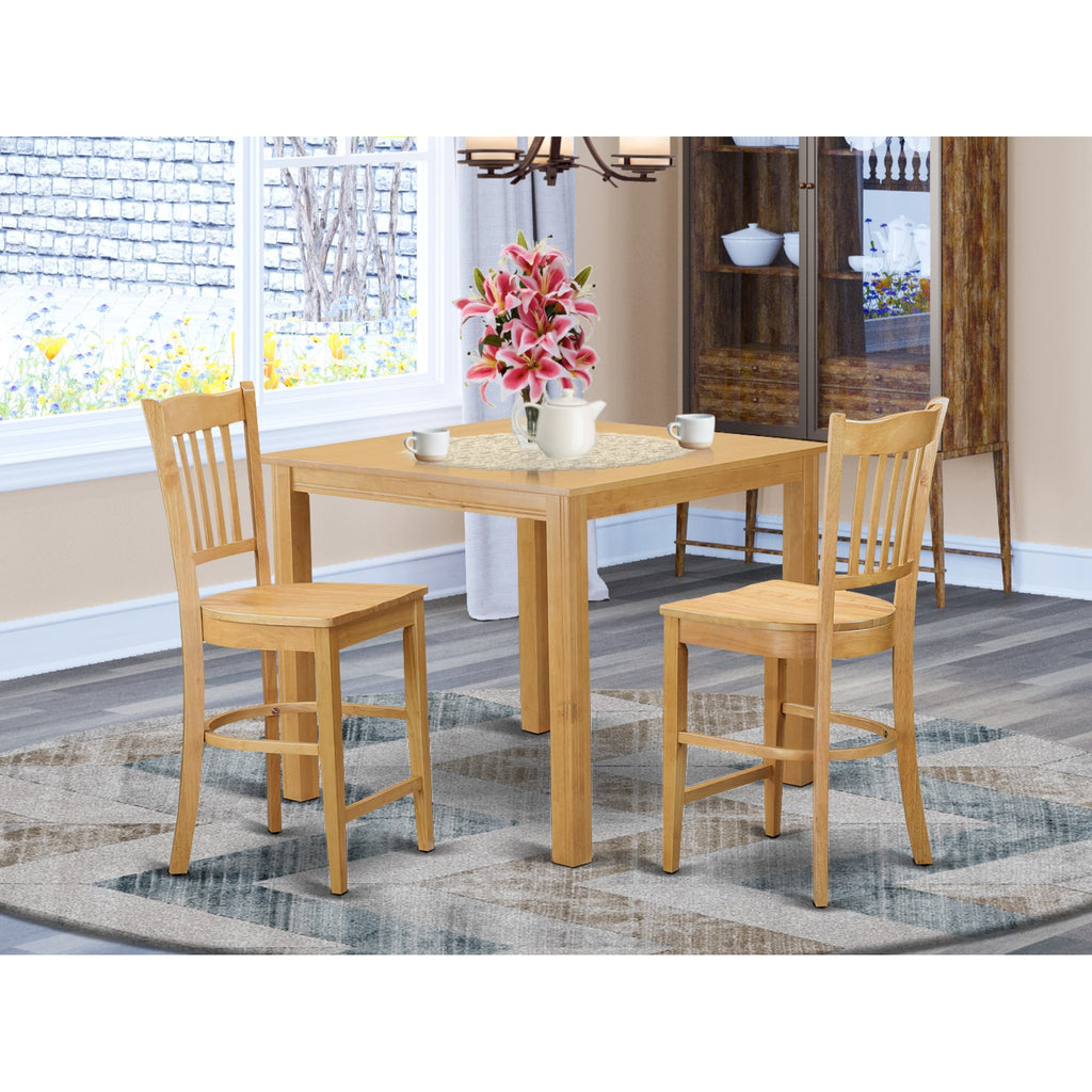 East West Furniture CFGR3-OAK-W 3 Piece Counter Height Dining Set for Small Spaces Contains a Square Wooden Table and 2 Kitchen Chairs, 42x42 Inch, Oak