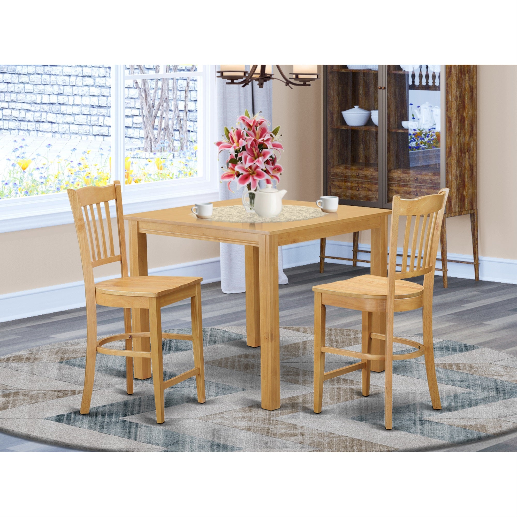 East West Furniture CFGR3-OAK-W 3 Piece Counter Height Dining Set for Small Spaces Contains a Square Wooden Table and 2 Kitchen Chairs, 42x42 Inch, Oak