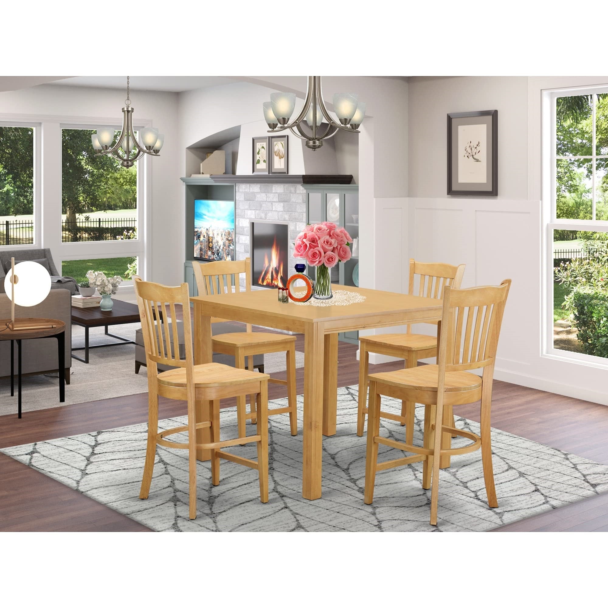 East West Furniture CFGR5-OAK-W 5 Piece Kitchen Counter Height Set Includes a Square Dining Room Table and 4 Wooden Seat Chairs, 42 x 42 x 36