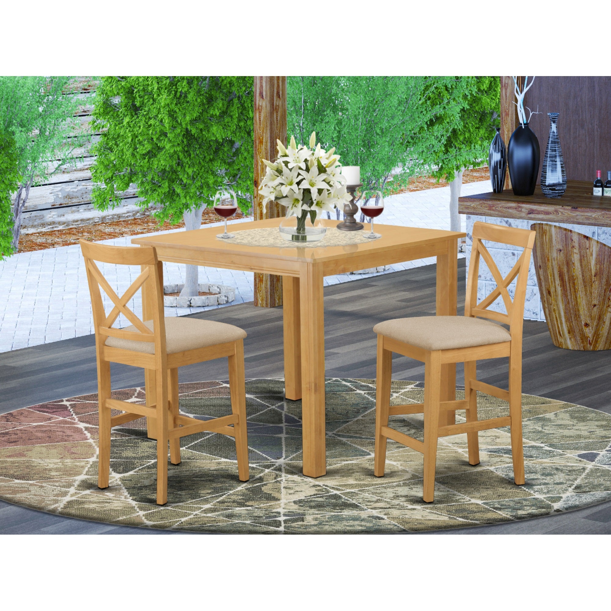 East West Furniture CFPB3-OAK-C 3 Piece Counter Height Pub Set for Small Spaces Contains a Square Dining Room Table and 2 Linen Fabric Upholstered Chairs, 42x42 Inch, Oak