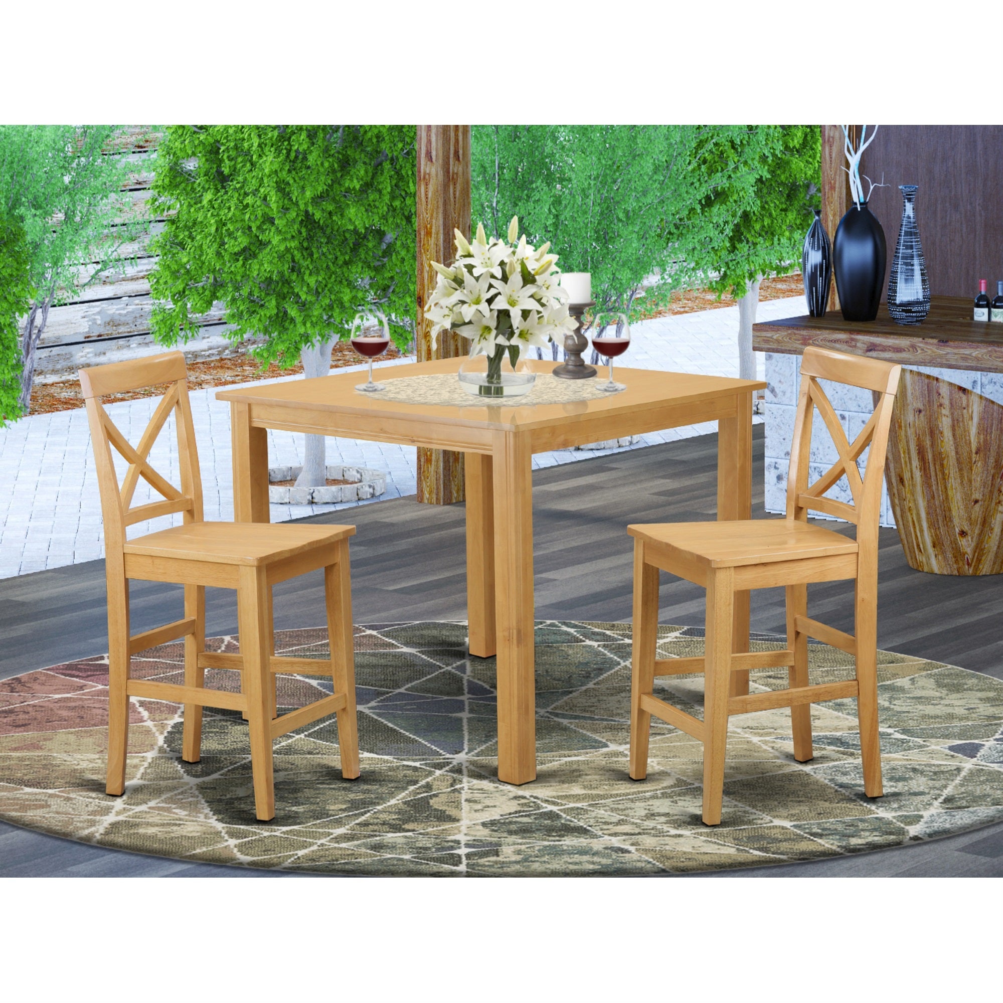 East West Furniture CFPB3-OAK-W 3 Piece Counter Height Dining Table Set Contains a Square Kitchen Table and 2 Dining Room Chairs, 42x42 Inch, Oak