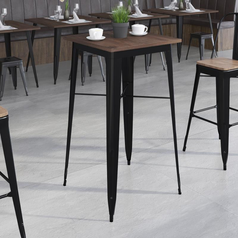 23.5 Square Black Metal Indoor Bar Height Table with Walnut Rustic Wood Top