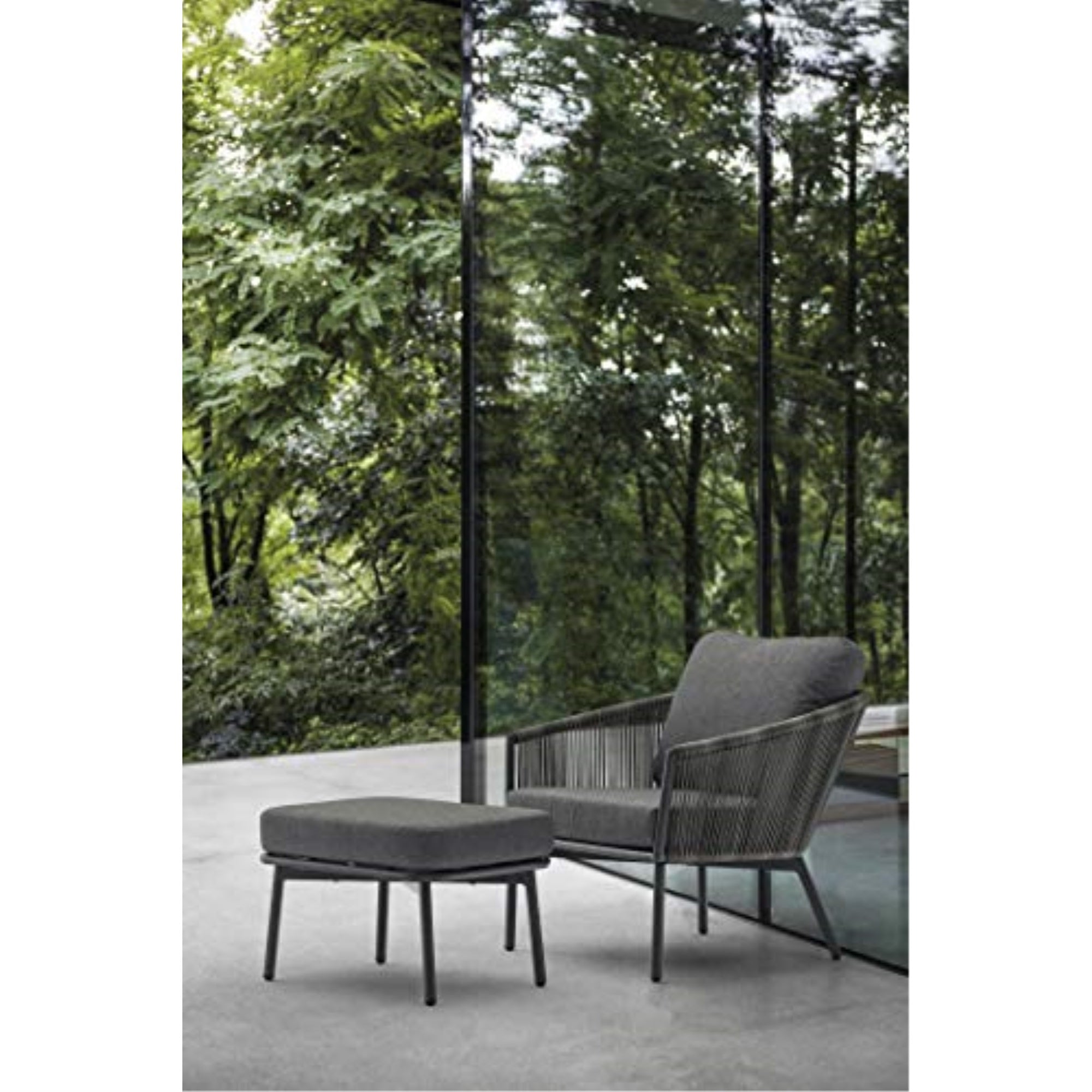 Yarrow Chair and Ottoman in Dark Gray Wicker and metal grey powdercoating legs