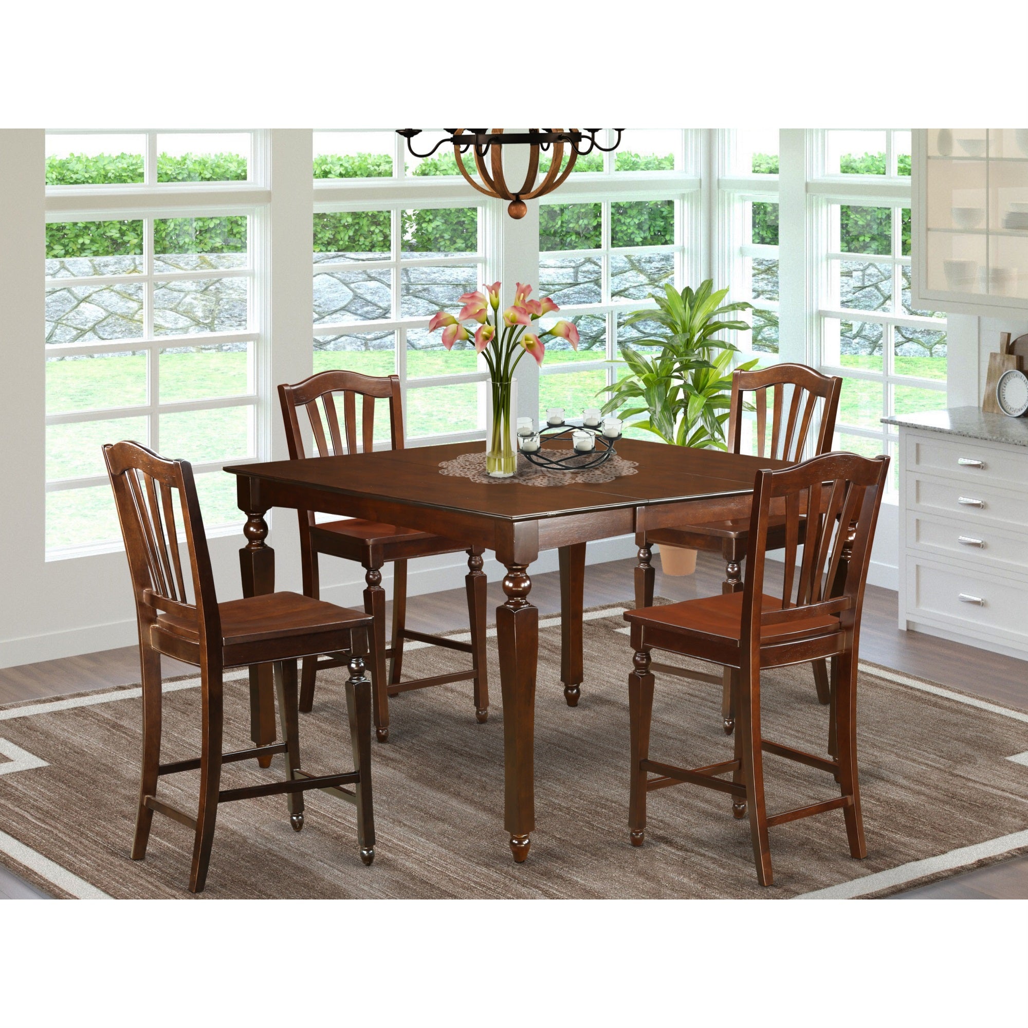 CHEL5-MAH-W 5 Pc pub height set-Square Counter height Table and 4 Kitchen counter Chairs
