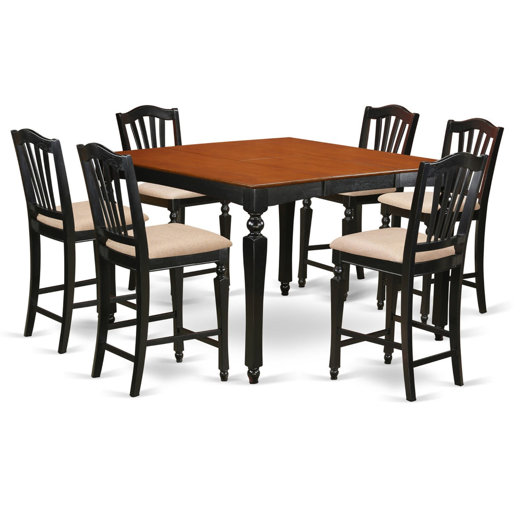 East West Furniture CHEL7-BLK-C Chelsea 7 Piece Counter Height Dining Set Consist of a Square Kitchen Table with Butterfly Leaf and 6 Linen Fabric Upholstered Chairs, 54x54 Inch
