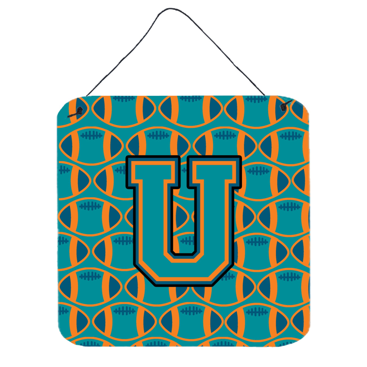 CarolineS Treasures Football Aqua, Orange And Marine Blue Letter U Wall Or Door Hanging Prints Cj1063Uds66, 6 Inch  Inch  H X 6 Inch  Inch  W